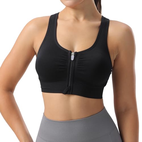 Senlinyoga Medium Support Women's Sports Bra Front Closure Seamless Black