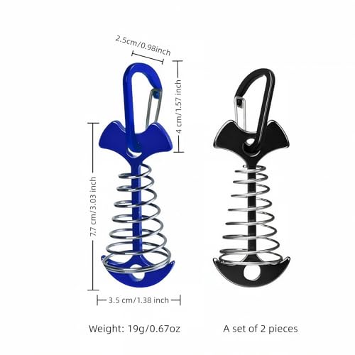 Fishbone Deck Tent Anchors with Carabiner - Adjustable Aluminum - Blue & Black