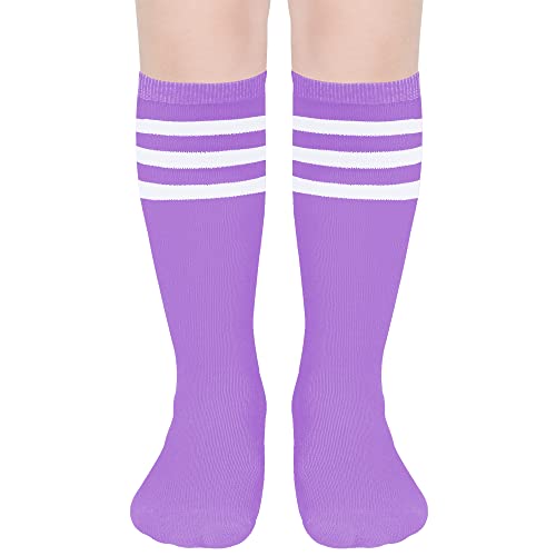 Kids Knee High Athletic Socks - Striped Sports Tube Socks - Purple White