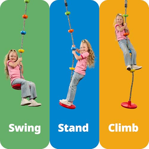 Tree Swing for Kids - Single Disc Seat & Rainbow Climbing Rope Set - Red & Multicolored