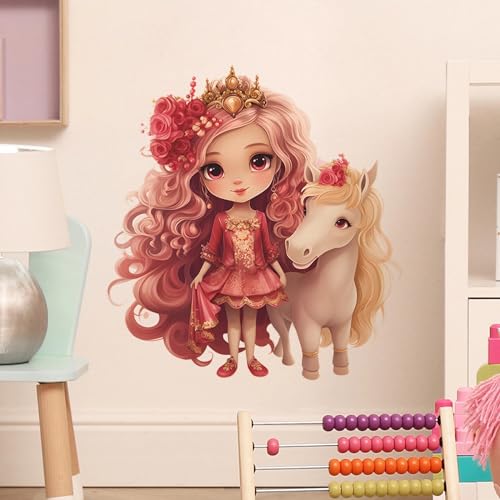 Lovely Rose Girl and Cute Filly Wall Stickers, sacinora Red Princess and Unicorn Wall Decals Removable Vinyl Peel and Stick for Kids Baby Nursery Bedroom Playroom Art Decorations