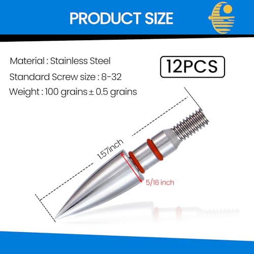 12pcs Archery Field Points - 100 to 300 Grain Screw-in Tips