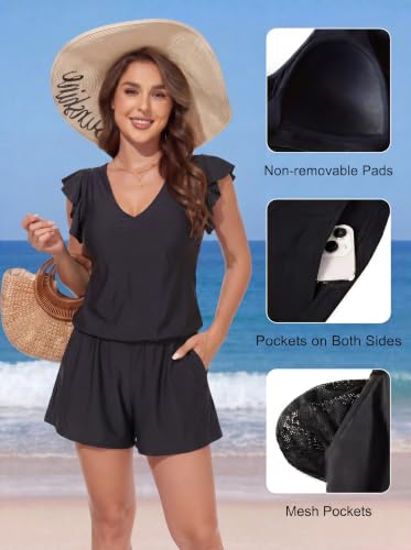 Smismivo Black Large Swim Romper with Built-in Bra, Pockets, Full Coverage One-Piece