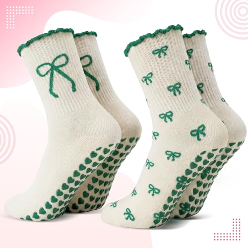 Cute Pilates Socks with Heart Grips - Ruffle Non-Slip Crew Socks - Bow Green and White