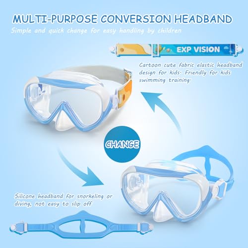 EXP VISION Kids 180° Panoramic Anti-Fog Dive Mask with Nose Cover - 2PCS Blue+Pink, Leak-Proof for Ages 4-14