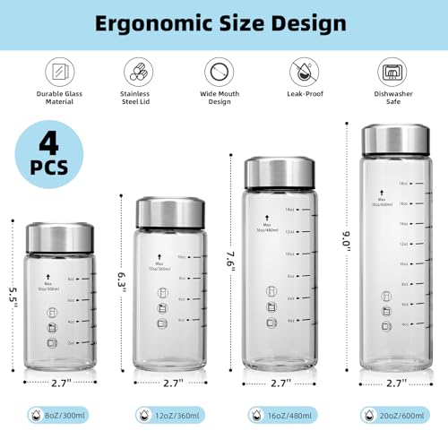 Chunmo 4 Pack 590ml Wide Mouth Glass Juice Bottles with Stainless Steel Lids - Leakproof, BPA Free, Reusable
