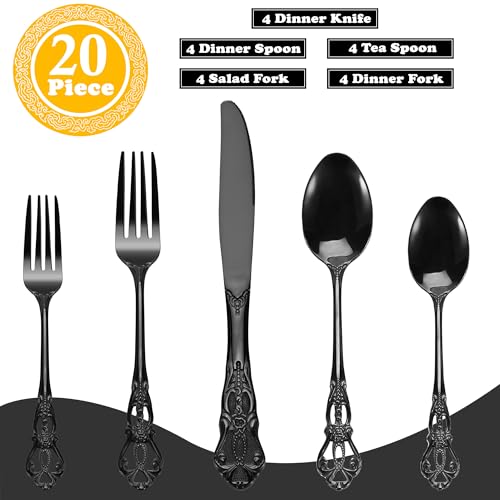 Runfly Retro Black Stainless Steel Flatware Set for 4 - 20 Pieces
