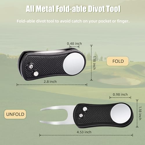 Golf Divot Repair Tool - Metal Foldable with Pop-up Button & Magnetic Ball Marker - Black Undulate