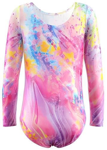Girls Long Sleeve Gymnastics Leotard - Sparkle Rainbow Mermaid Ribbons - Pink Tie Dye / 4-5T