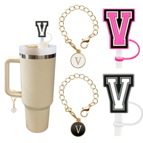 Silicone Straw Cover & Initial Letter Charm Set for 10mm Straws - Letter V