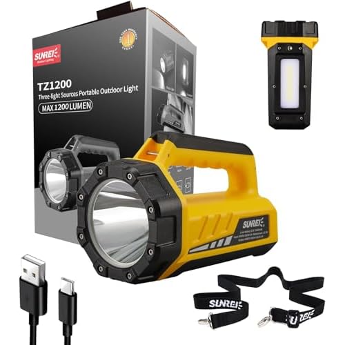 SUNREI Rechargeable LED 1200LM Flashlight, 8 Light Modes Portable Camping Lantern, 10400mAh Power Bank, IP67 Waterproof for Emergencies Power Outages, Hurricane Emergency, Hiking, Home, etc