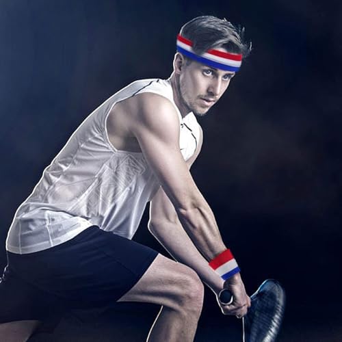 Colorful Striped Sweatband Set - Headband & Wristbands - Red, White & Blue