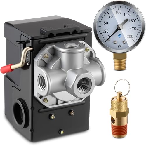 Dreyoo Air Compressor Pressure Switch 135-175 4-Port 20 Amp with 0-200 PSI Gauge and 200 PSI Safety Relief Valve, 1/4" NPT Replacement Pressure Switch Parts for Air Compressor