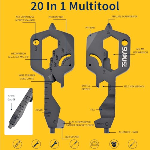 20 In 1 Multitool Pocket Tool, Gift for Boyfriend Him Husband Men, EDC Gadgets with Bottle Opener, Screwdriver, Hex Wrench - Unique Mini Utility Key Shaped Pocket Tool, Black, 1 Pack