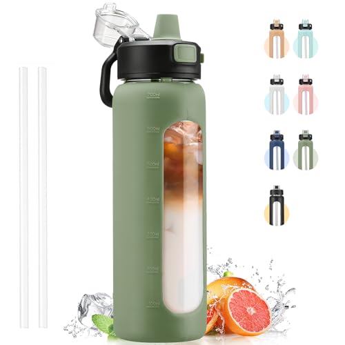 Glass Water Bottle with Straw & Handle - 24 oz Olive
