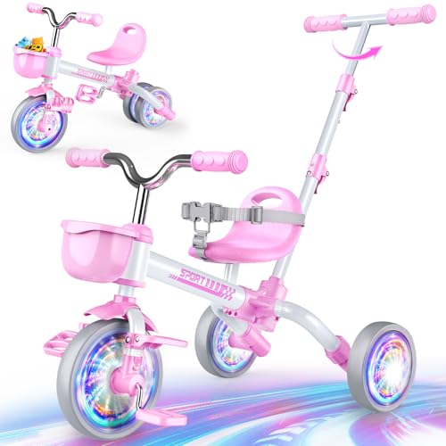Toddler 5-in-1 Bike for Ages 1-5 - Tricycle with Pink Light-Up Wheels