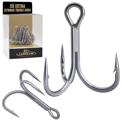 LURELINK 24-Pack 5X Extra Strong Treble Hooks for Saltwater & Freshwater Fishing Size 2