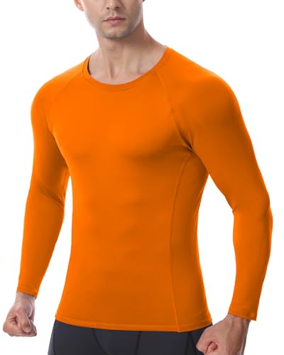 Men's Long Sleeve Compression Shirt - Quick Dry Athletic Base Layer Top - Large / Orange