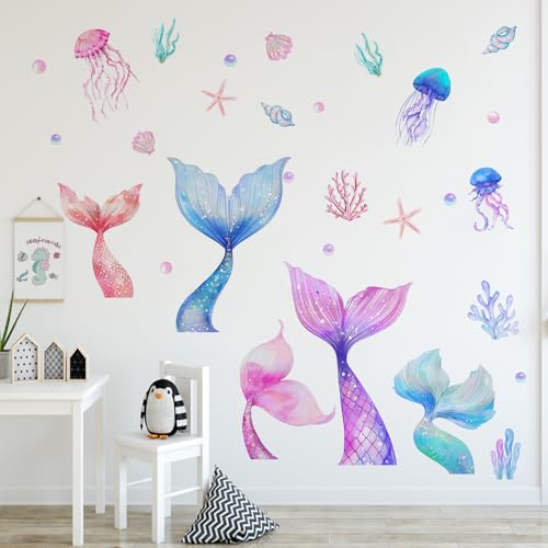 Yovkky Girls Mermaid Tail Wall Decals Stickers, Under The Sea Ocean Jellyfish Pearl Toddler Baby Nursery Decor, Beach Coastal Conch Coral Starfish Home Decorations Kids Bedroom Playroom Art