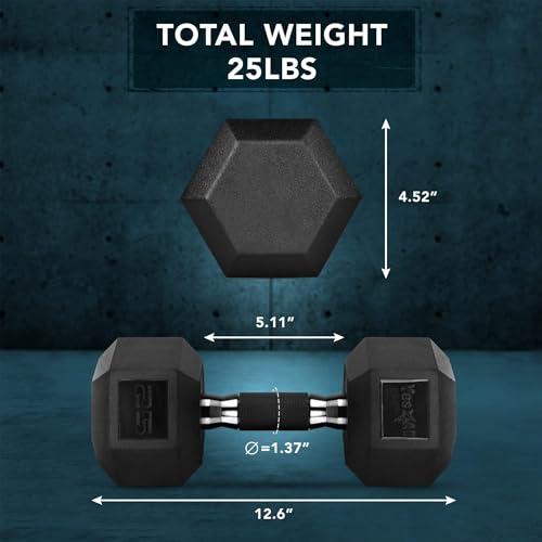 Yes4All 25 lbs Rubber-Coated Hex Dumbbell with Anti-Slip Grip — Durable Cast Iron Core