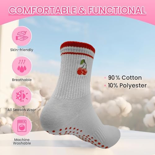 Non-Slip Pilates Grip Socks for Women - Yoga Barre Crew Socks - Cherry