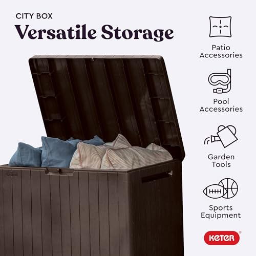 Keter City 30 Gallon Resin Outdoor Storage Box & Side Table Brown
