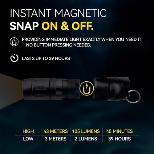 CLT Mini EDC Rechargeable Flashlight Magnetic Keychain, Snap on/off, 105 Lumen, Portable and Compact LED Keychain Flashlights - Durable Built-in Battery Ideal for Everyday Carry - Black