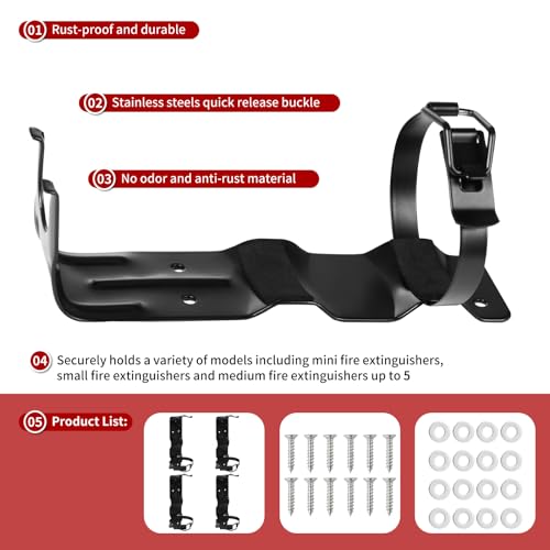 4PACK 2.5LB Fire Extinguisher Mount, Wall Mount Metal Bracket,fire Extinguisher Hanger for Vehicle, Car, Boat, Truck, Rv, House, Home Mini Fire Extinguishers-Black