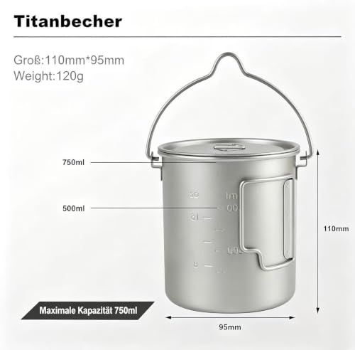 THTYBROS 0.8 Quart Titanium Camping Mug with Foldable Handle & Lid - Ultralight Cookware