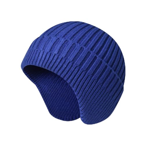 LLmoway Royal Blue Knit Beanie with Earflaps - Warm Winter Hat for Men Women Youth