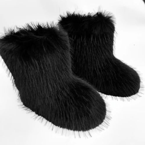 WOVOIE Women's Faux Fur Snow Boots - Black, Size 7.5, Mid-Calf Winter Boot