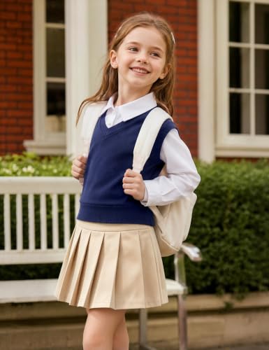 NUMYEAN Girls Uniform Skirt with Built-in Shorts & Pockets - Khaki, 6-7 Years