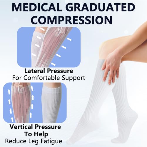 +MD Cotton Compression Socks for Women & Men 4 Pairs White 15-20mmHg Knee High, Pregnancy & Travel Travel