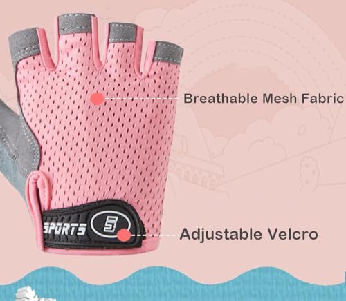 Kids Fingerless Cycling Gloves - Non-Slip for Ages 3-8 - Pink