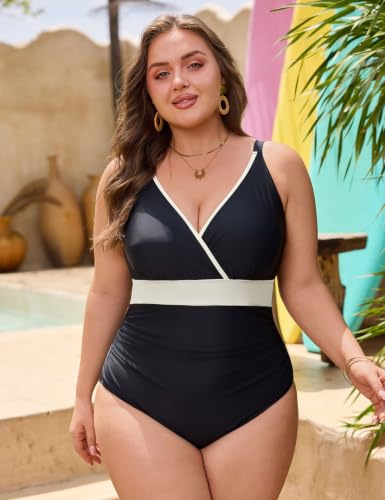 Plus Size Women's One-Piece Swimsuit with Cover Up Skirt - XX-Large Black Dot