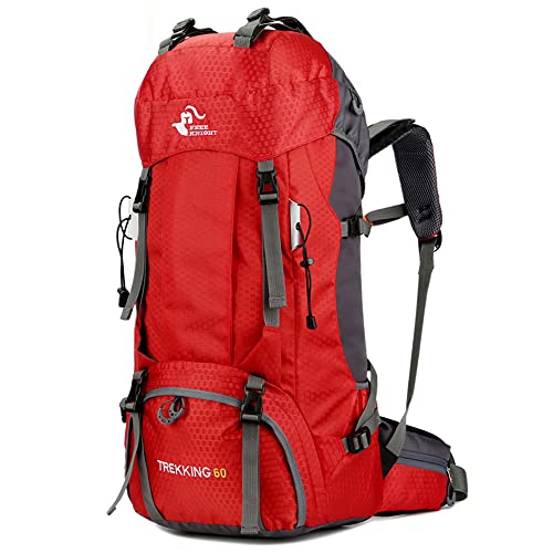 Bseash 60L Waterproof Hiking Backpack with Rain Cover - Red, Large Outdoor Daypack for Camping & Climbing