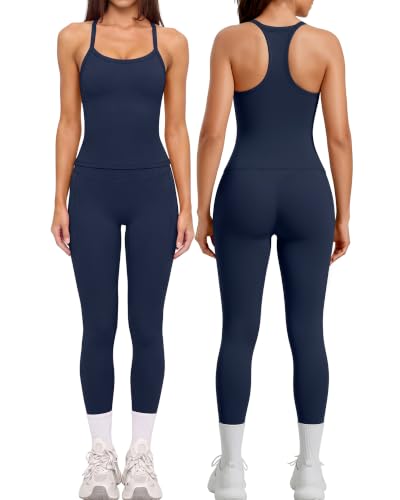SUUKSESS Women 2 Piece Workout Set Navy Small - Compression Leggings & Racerback Top