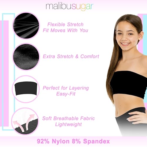 Malibu Sugar Girls Bandeau Tube Top - Strapless Soft Stretch, White, Ages 10-14