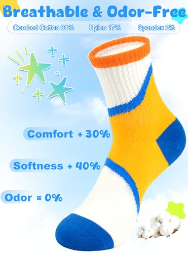 BliBliTaTa Boys Athletic Crew Socks 5-Pack - Cotton, Breathable, Seamless Toes, Size 4-18 Years, Yellow/Orange/Blue/Brown