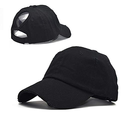 Messy Bun Baseball Cap for Women - Black Distressed Trucker Hat