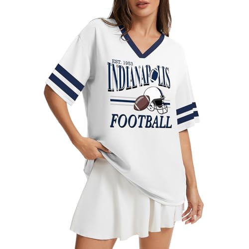 Football Team Graphic T-Shirt for Women - Oversized V Neck - Medium White