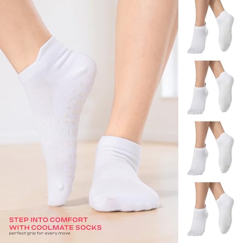 Non-Slip Grip Socks for Men - 4 Pairs White, Size Medium