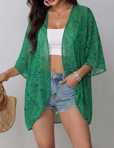 Floral Chiffon Kimono Cardigan - Women's Beach Cover Up - Green, Small