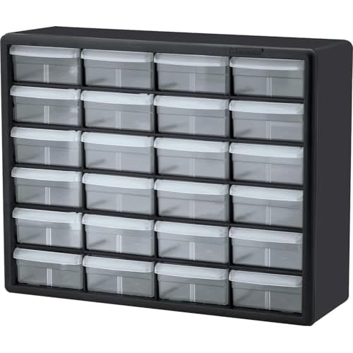 Akro-Mils 24-Drawer Plastic Drawer Storage Cabinet for Garage Organization, Bead Organizer, Building Bricks Storage, Teacher Toolbox, Makeup Organizer, 20" W x 6" D x 16" H, 10124 Black