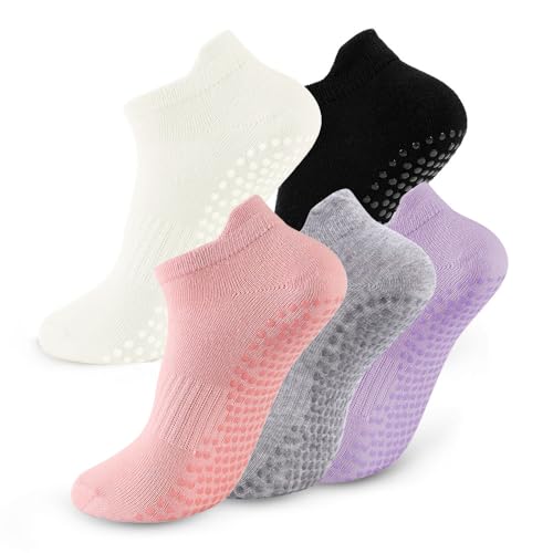 Non-Slip Grip Pilates Socks for Women - 5 Pairs, A - Purple White Pink Gray Black