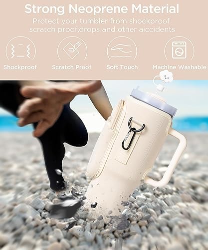 dabria 30oz Stanley Tumbler Neoprene Bottle Holder with Strap & Straw Cover – Cream