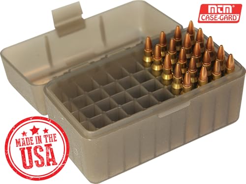 50-Round Rifle Ammo Storage Box - Durable Polypropylene - Clear Smoke