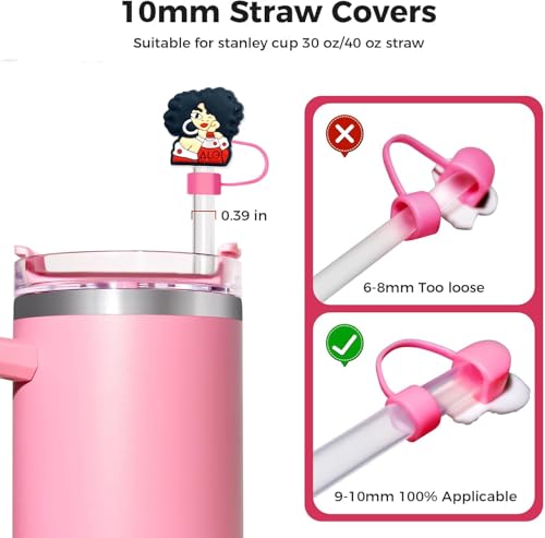 12PCS Pink & Black Silicone Straw Covers for Stanley Cups - Black Girls