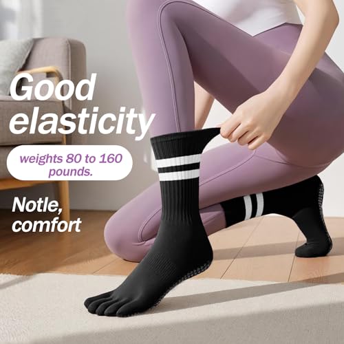 WOKNOW Pilates Socks with Grips for Women, 3 Pairs Toe Socks Five-Finger Non-Slip (Black, Milk White, Gray)