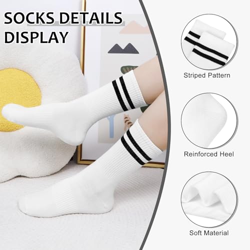 Striped Crew Socks for Women - 6 Pairs in Light Grey, Black & White